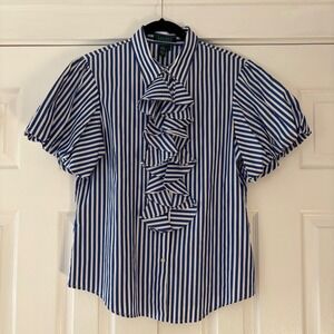Lauren Ralph Lauren Blue White Striped Ruffle Front Puff Sleeve Blouse Large